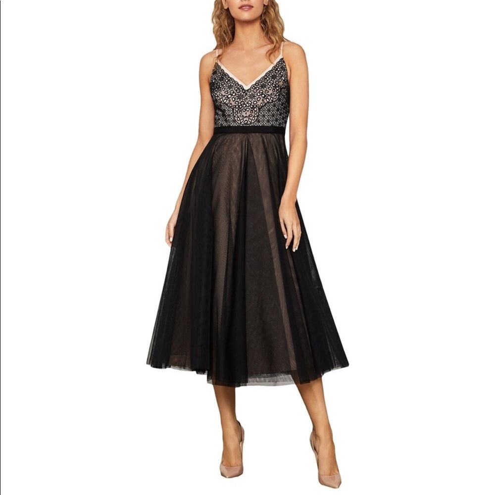 BCBG MaxAzria Womens Midi Dress Lace V-Neck